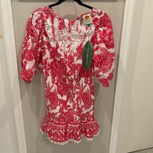 Farm Rio tropical woodcut mini dress with rouched bottom and lace detail top.